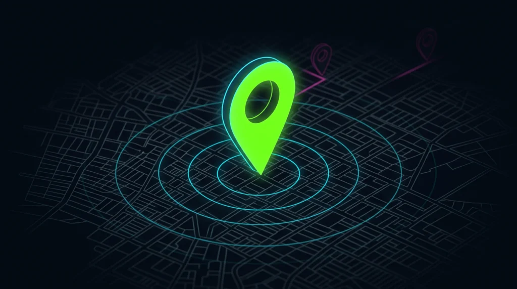 Mapa isométrico de una ciudad con un pin de ubicación destacado, ilustrando cómo aparecer en Google Maps en Nicaragua