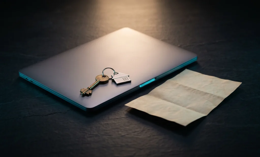 Llave sobre una laptop representando la propiedad del dominio y el código de tu sitio web | Crafted Code Hub