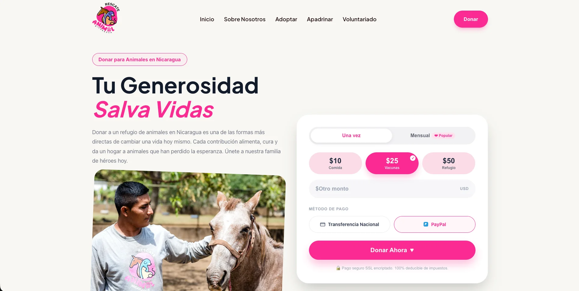 Página de donaciones del sitio de Rescate Animal | Crafted Code Hub